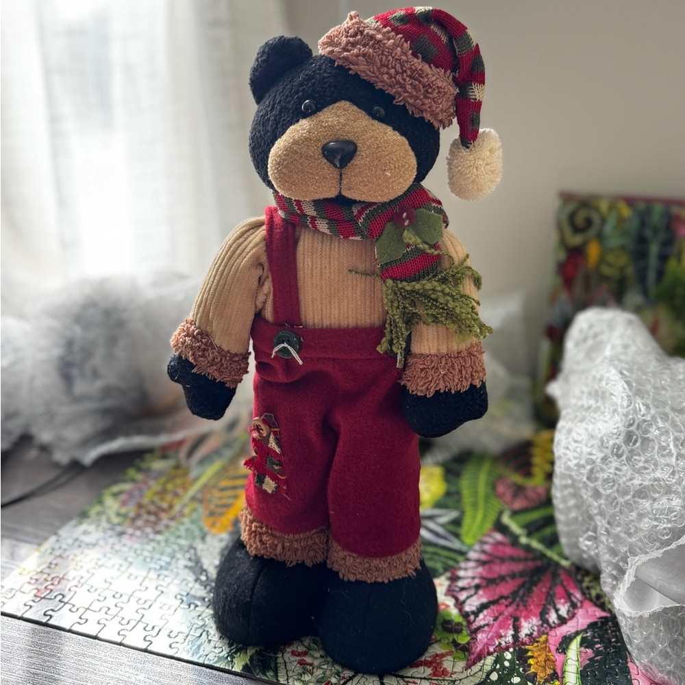 Festive Bear Plush with Red Overalls